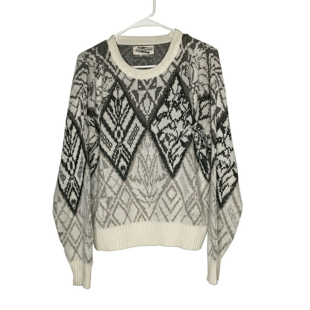 Expressions Vintage Oversized pullover Sweater Long Sleeve Geometric Med BLK/WH